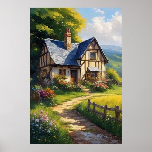 Enchanting Cottage Amidst Beautiful Flowers Poster