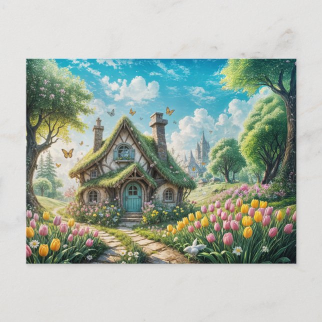 Enchanting Cottage with Tulip Garden Postcard (Front)