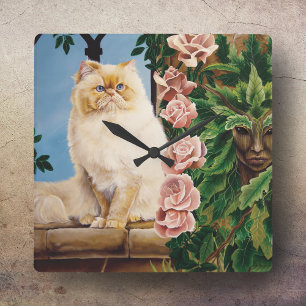 Enchanting Cream Rose Persian Cat Forest Dryad Square Wall Clock