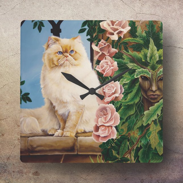 Enchanting Cream Rose Persian Cat Forest Dryad Square Wall Clock (Creator Uploaded)