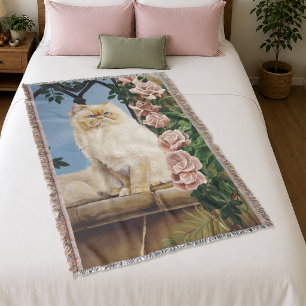 Enchanting Cream Rose Persian Cat Forest Dryad Throw Blanket