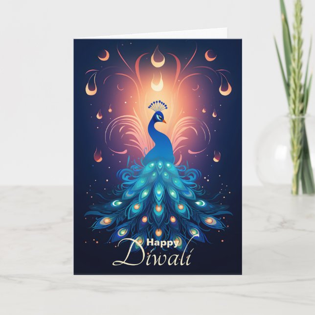 Enchanting Diwali Delight with blue Peacock🦚 Holiday Card (Front)