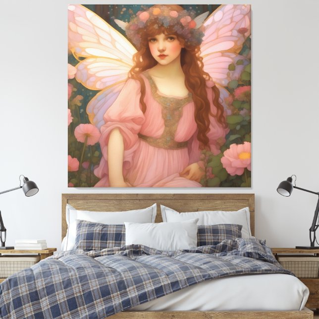Enchanting Dreams: A Whimsical Pink Fairy Portrait Canvas Print (Insitu(Bedroom))