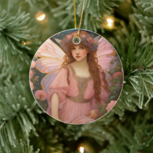 Enchanting Dreams A Whimsical Pink Fairy Portrait Ceramic Ornament