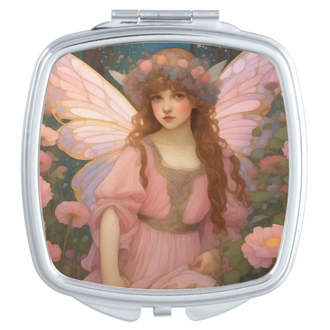 Enchanting Dreams: A Whimsical Pink Fairy Portrait Compact Mirror (Front)