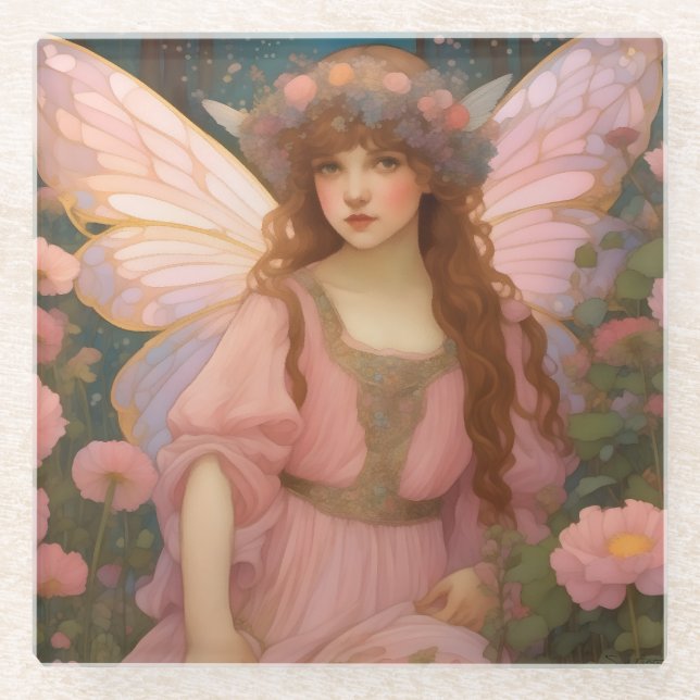 Enchanting Dreams: A Whimsical Pink Fairy Portrait Glass Coaster (Front)