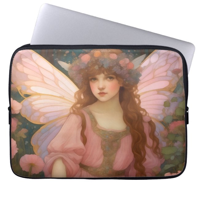 Enchanting Dreams: A Whimsical Pink Fairy Portrait Laptop Sleeve (Front)