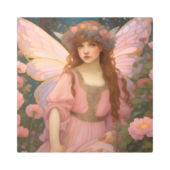 Enchanting Dreams: A Whimsical Pink Fairy Portrait Metal Print (Front)