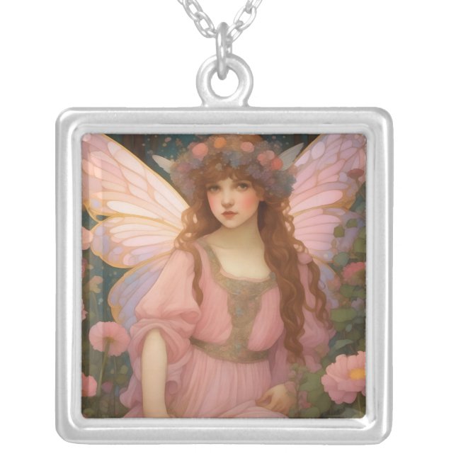 Enchanting Dreams: A Whimsical Pink Fairy Portrait Silver Plated Necklace (Front)