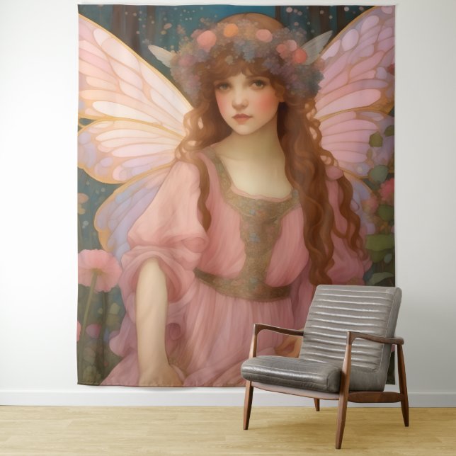 Enchanting Dreams: A Whimsical Pink Fairy Portrait Tapestry (In Situ)