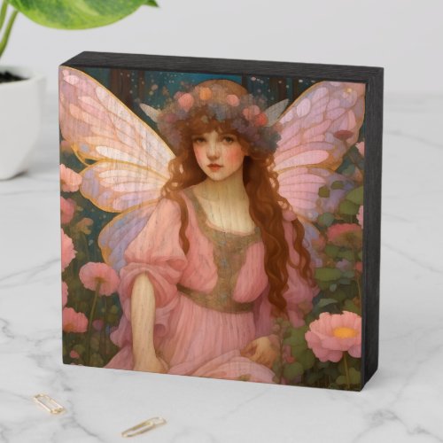 Enchanting Dreams A Whimsical Pink Fairy Portrait Wooden Box Sign