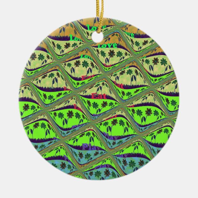 Enchanting Eclectic Garden Checkered Floral Beauty Ceramic Ornament (Front)