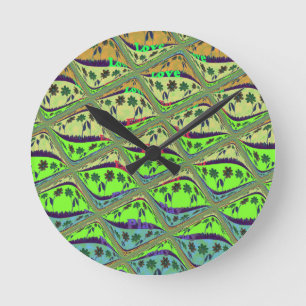 Enchanting Eclectic Garden Checkered Floral Beauty Round Clock