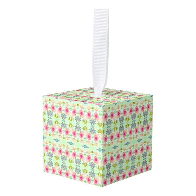 Enchanting Eclectic Garden: Diverse Floral Beauty Cube Ornament (Front Angled)