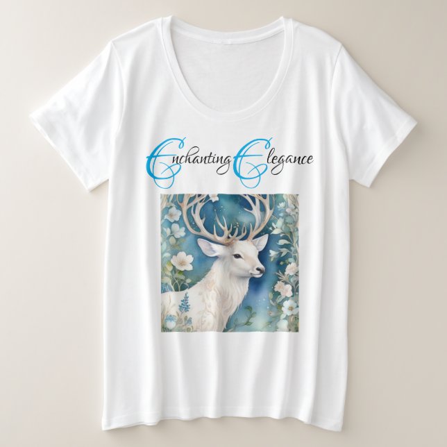 "Enchanting Elegance: Snow-White Deer in Bloom" Plus Size T-Shirt (Design Front)