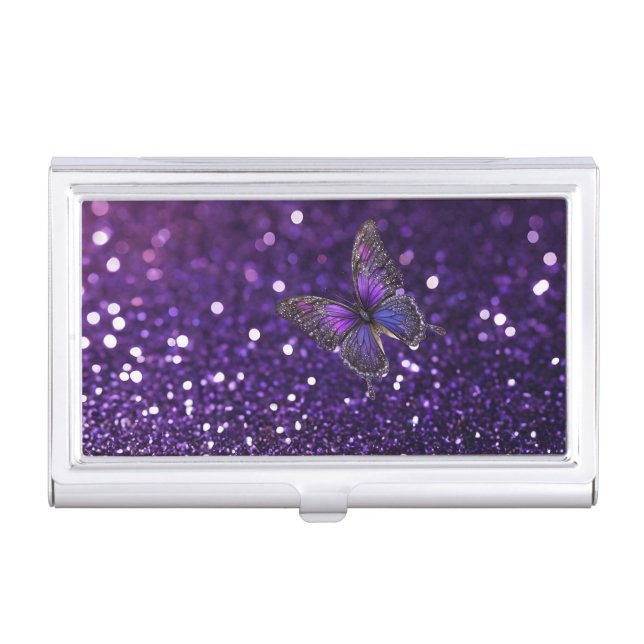 Enchanting Elegance: The Purple Sparkle Butterfly  Business Card Case (Front)