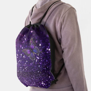 Enchanting Elegance: The Purple Sparkle Butterfly  Drawstring Bag