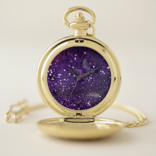 Enchanting Elegance: The Purple Sparkle Butterfly  Pocket Watch