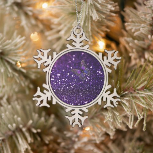 Enchanting Elegance: The Purple Sparkle Butterfly  Snowflake Pewter Christmas Ornament
