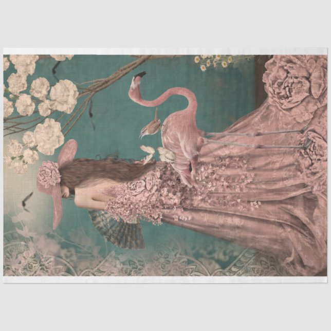 Enchanting, Elegant Woman, Flamingo & Floral  Tissue Paper (Front)