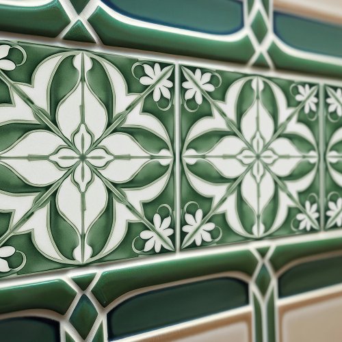 Enchanting Emerald Green Symmetrical Floral Ceramic Tile