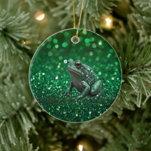 Enchanting Emergence: The Green Sparkle Frog  Ceramic Ornament