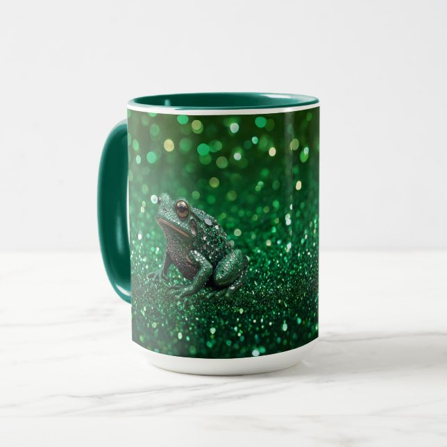 Enchanting Emergence: The Green Sparkle Frog Mug (Front Left)