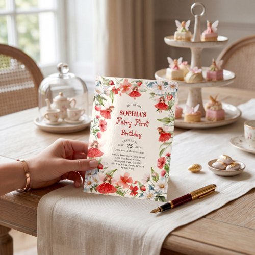 Enchanting Fairy Garden Red First Birthday invite