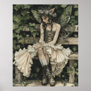 Enchanting Fairy on Vintage Wooden Bench Poster