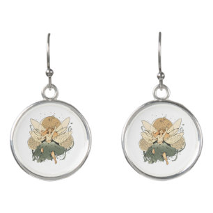 Enchanting Fairy Sitting on Mushroom Fantasy Art Earrings