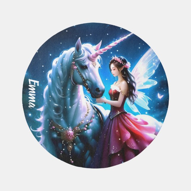 Enchanting Fairy & Unicorn Custom Name Playroom Rug (Front)
