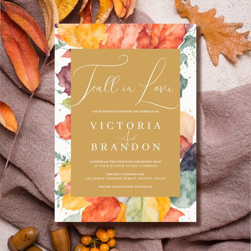 Enchanting Fall in Love Watercolor Leaves Wedding Invitation