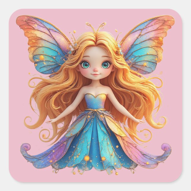 Enchanting Fantasy Fairy with Colorful Wings Square Sticker (Front)
