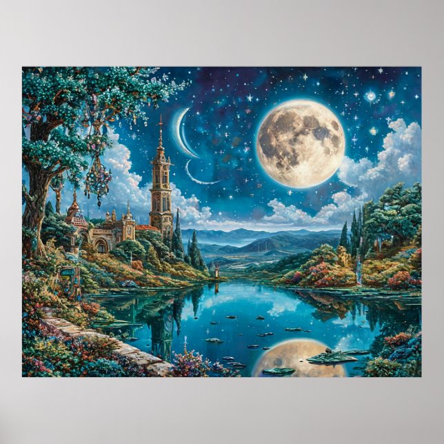 Enchanting Fantasy Landscape with Moonlit Castle Poster (Front)