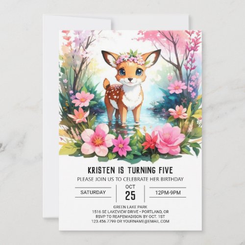 Enchanting Fawn Watercolor Woodland Girl Birthday Invitation