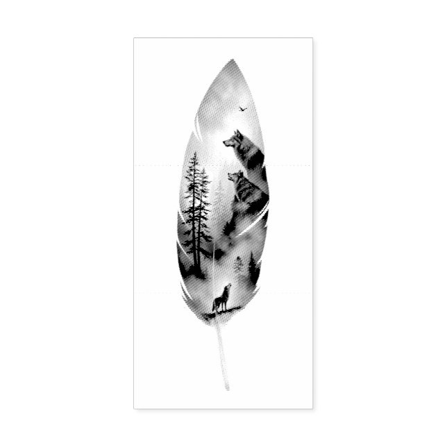 Enchanting Feather with Wolves Artwork Rubber Stamp (Imprint)