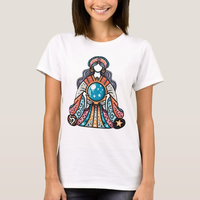 Enchanting Female Wizard with Crystal Ball Design T-Shirt (Front)