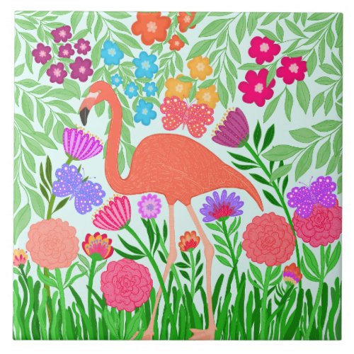 Enchanting Flamingo Butterfly and Flower Design Ceramic Tile
