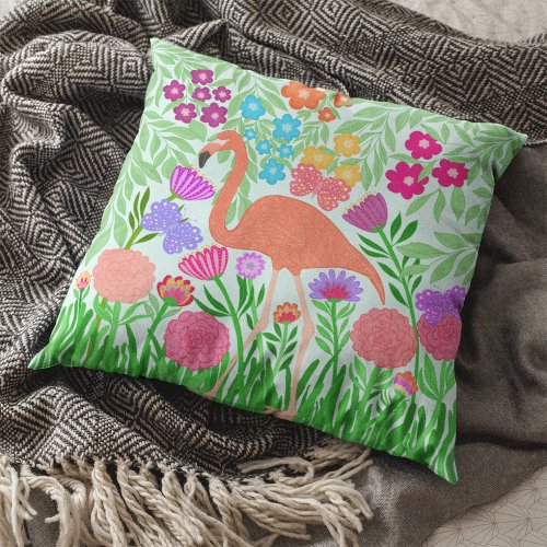 Enchanting Flamingo Butterfly and Flower Design Throw Pillow
