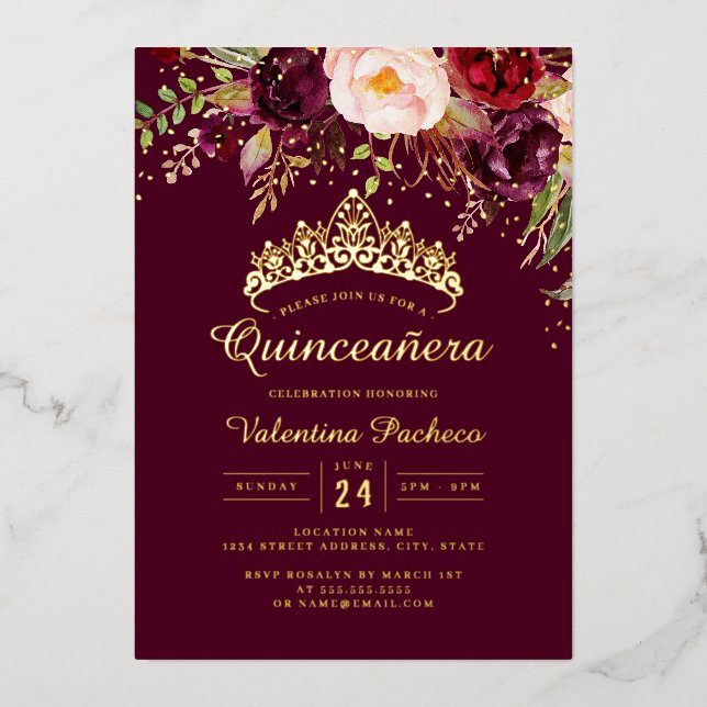 Enchanting Floral Burgundy Quinceanera Foil Invitation (Front)