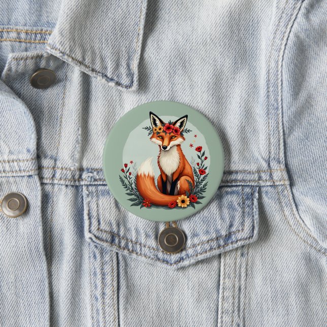 Enchanting Floral Fox Woodland Folk Art Button (In Situ)