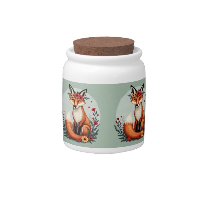 Enchanting Floral Fox Woodland Folk Art Candy Jar (Front)