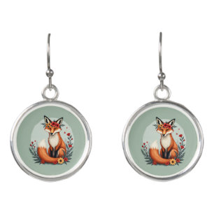 Enchanting Floral Fox Woodland Folk Art Earrings