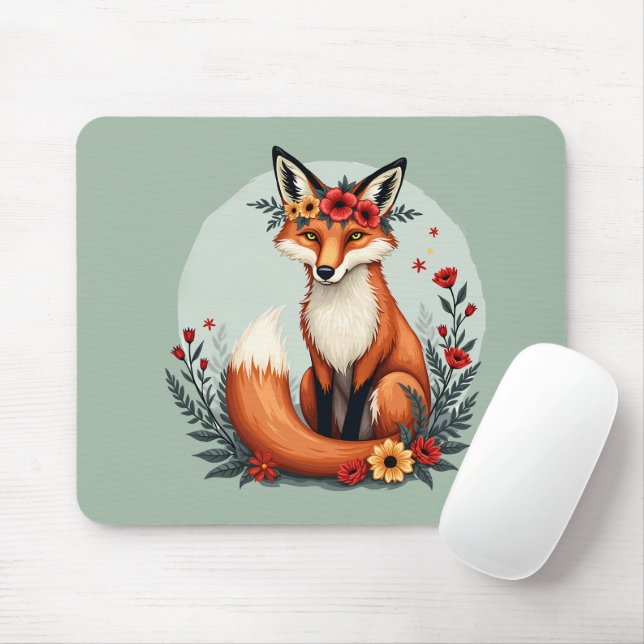 Enchanting Floral Fox Woodland Folk Art Mouse Pad (With Mouse)