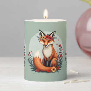 Enchanting Floral Fox Woodland Folk Art Pillar Candle