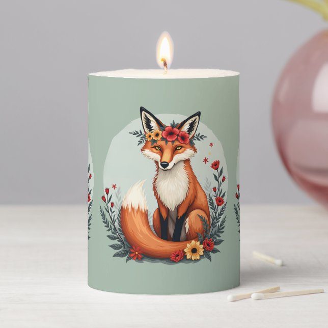 Enchanting Floral Fox Woodland Folk Art Pillar Candle (In Situ)