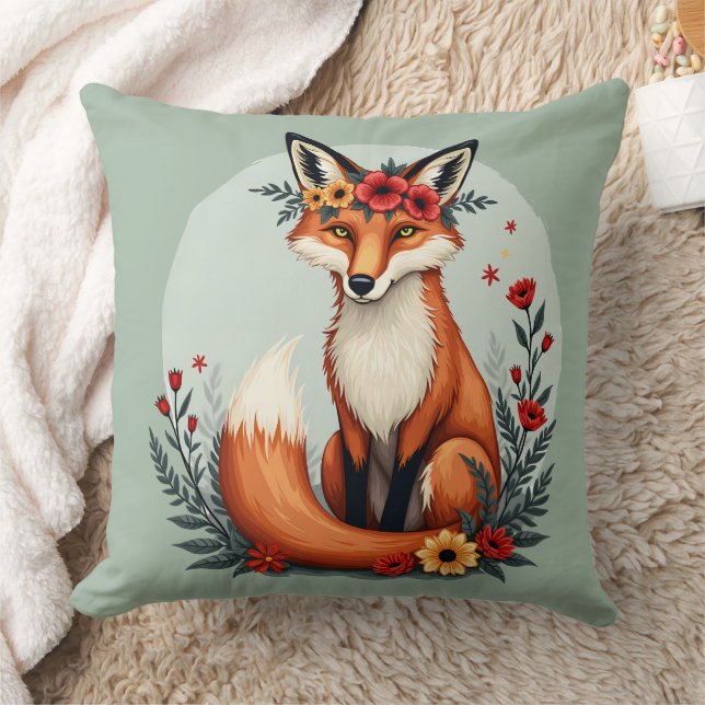 Enchanting Floral Fox Woodland Folk Art Throw Pillow (Blanket)