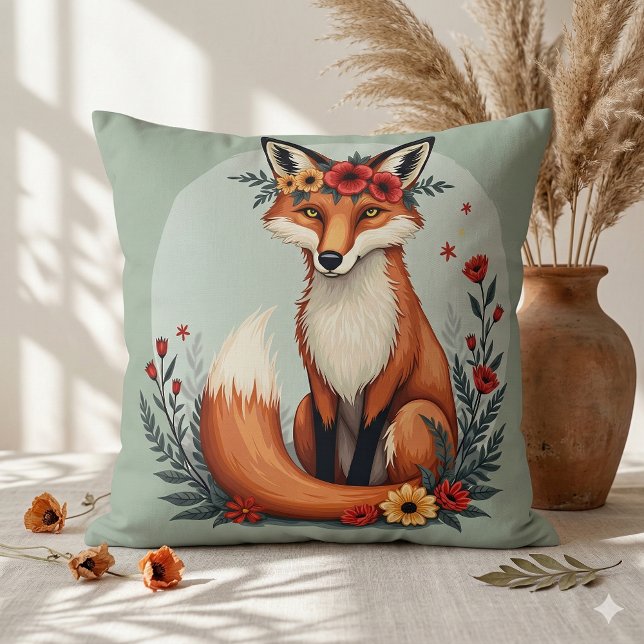 Enchanting Floral Fox Woodland Folk Art Throw Pillow (Enchanting Floral Fox Woodland Folk Art Throw Pillow Mockup A)