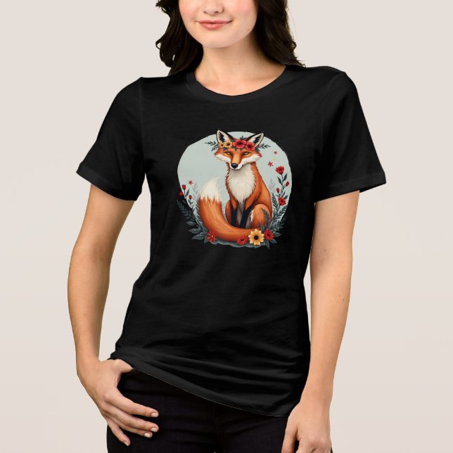 Enchanting Floral Fox Woodland Folk Art Tri-Blend Shirt (Front)