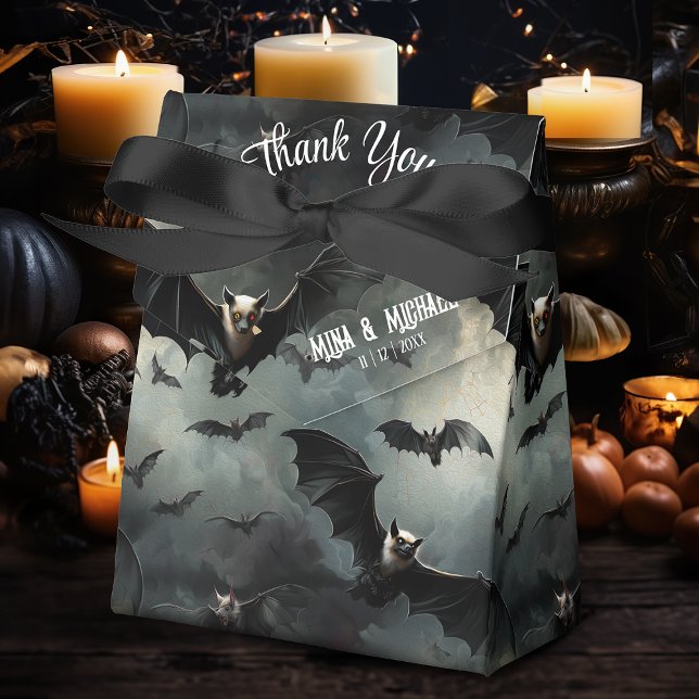 Enchanting Flying Vampire Bats Gothic Wedding Favor Boxes (This bats favor box can make an impressive table addition at any Gothic Wedding.)